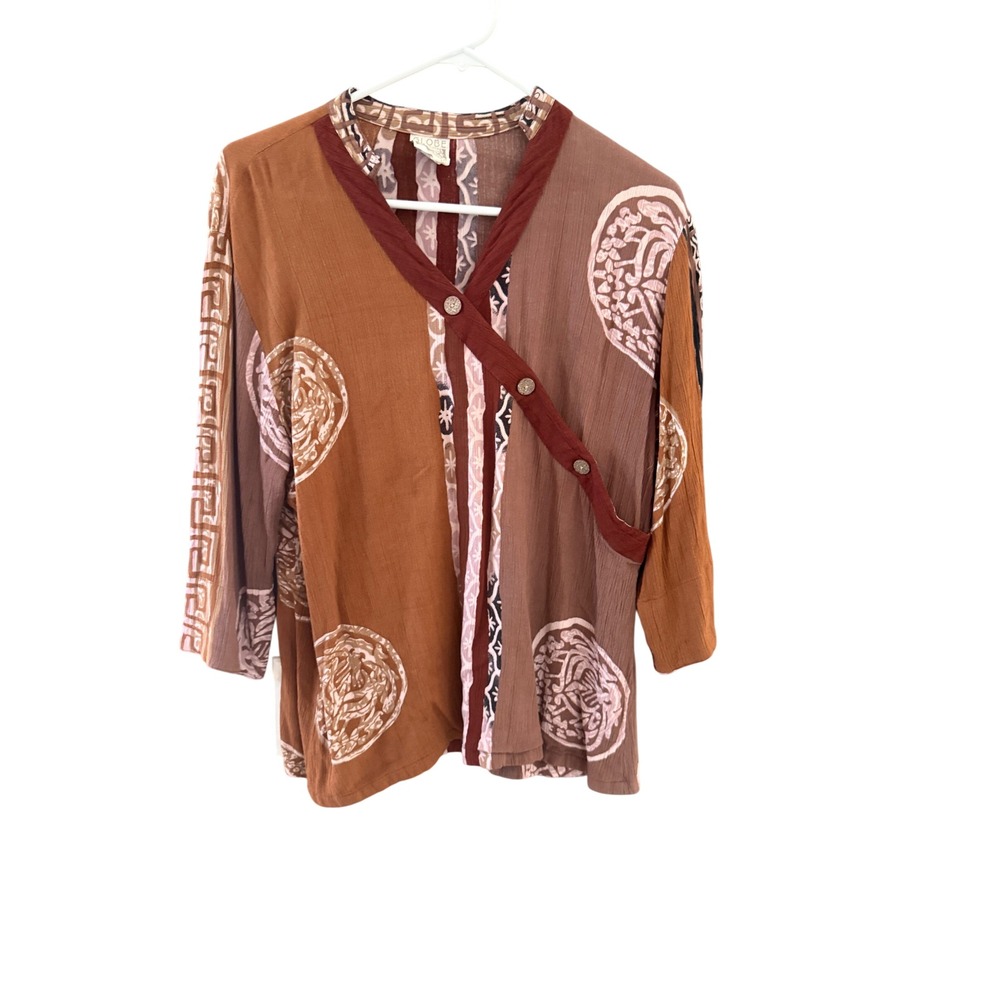 Globe Trotter Bali Women Brown Batik Asymmetrical Button Crinkle Top Large